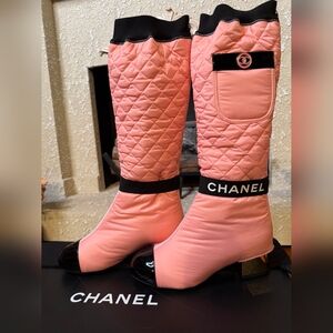 CHANEL Pink Quilted Winter Boots with Black Accents